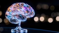 Glowing brain shaped mushroom cloud with vibrant neon colors blue and pink against dark background with bokeh lights, symbolizing power of mind and technology.