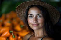Young woman in straw hat smiling at farmers market with fresh orange produce in background, natural lighting creates warm atmosphere for lifestyle and food content.