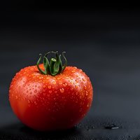 Fresh ripe red tomato with water droplets on dark background for culinary and healthy eating concepts.