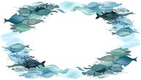 Watercolor fish frame with swimming sea creatures in blue and teal tones on white background. Marine life border for ocean themed designs and projects.