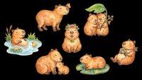 Cute capybara characters in various poses isolated on transparent background, ready for t-shirt design, stickers, clipart, print-on-demand products and sublimation projects.