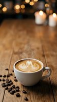 Cappuccino with latte art in white cup on wooden table surrounded by coffee beans, warm bokeh lights and candles in background for café ambiance.