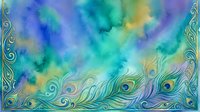 Watercolor peacock feathers border with flowing ornamental swirls in turquoise, blue and purple hues creating decorative frame for invitations and stationery.
