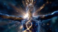 Glowing DNA helix structure emerging from cosmic human silhouette against starry space background, representing genetic code and spiritual evolution in medicine and science.