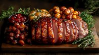 Sliced honey glazed duck breast with cranberry sauce and roasted cherry tomatoes on wooden board, garnished with fresh herbs, dark moody food photography.