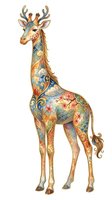 Ornate giraffe with decorative floral and geometric patterns in gold, blue, and coral tones, isolated on white background for design projects.