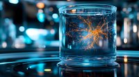 Glowing orange spark in glass container against dark blue background creates magical atmosphere. Scientific experiment concept with light effects and reflections.