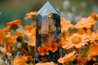 Crystal obelisk point surrounded by vibrant orange marigolds and daisies in garden setting, mystical healing stone with natural floral backdrop creates magical atmosphere.
