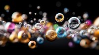 Colorful water drops with light reflections on dark background create magical bokeh effect, floating spheres with golden and rainbow colors capture light beams.