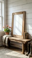 Rustic farmhouse entryway with blank wooden frame mockup on reclaimed bench, shiplap wall, geranium plant, knit throw, and rain boots.