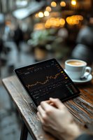 Digital tablet displaying stock market chart with coffee cup on wooden table, warm bokeh lights in background, creating modern business atmosphere.