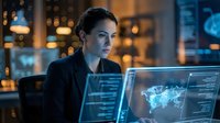 Professional businesswoman analyzing data on multiple computer screens in modern office environment with city lights background at night.