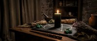 Medieval alchemist workspace with burning candle, ancient scrolls, herbs and mystical tools on wooden table creating atmospheric scene for fantasy projects.