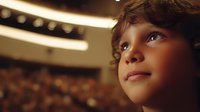 Young boy with curly hair gazing upward with wonder and anticipation in a theater or auditorium with blurred audience in background, warm lighting creating inspirational atmosphere.