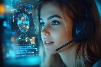 Young female customer service representative with headset against futuristic digital interface display in blue neon lighting, artificial intelligence concept.