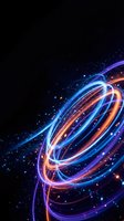 Abstract neon light trails swirling in cosmic space with glowing particles and energy waves on dark background for digital art and futuristic designs.