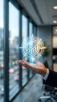 Businessman holding glowing holographic shield with growth chart symbol in modern office with city skyline view, representing data protection, financial security, and business success.