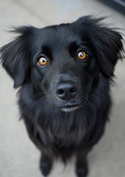 Close-up portrait of black mixed breed dog with striking amber eyes looking directly at camera against blurred background, showing expressive and attentive gaze.