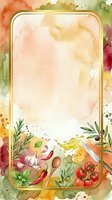 Watercolor cooking frame with fresh vegetables, herbs, and gold border on cream background, ideal for recipe cards, menus, and culinary designs.