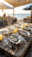 Fresh oysters on crushed ice with lemon wedges on a rustic wooden board at a beachside seafood bar during golden hour.