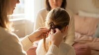Young Caucasian woman having her blonde hair braided by friend in cozy bedroom setting with soft natural lighting for bonding moments.