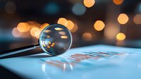 Magnifying glass on financial graph with blurred bokeh lights in background, business analysis and investment concept for presentations and reports.