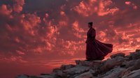 Silhouette of Asian woman in flowing red dress standing on rocky cliff against dramatic crimson sunset sky with swirling clouds.