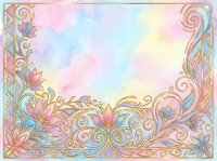 Pastel watercolor background with golden floral ornamental border, soft pink blue yellow tones, elegant swirls and blooms for cards and invitations.