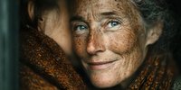 Elderly Caucasian woman with freckled skin and bright blue eyes wearing warm brown knitted scarf, gentle smile expressing wisdom and life experience.
