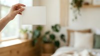 Male hand holding blank white card in bright home interior with potted plants and natural sunlight, suitable for mockups, advertising, and promotional designs.