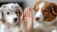 Australian shepherd puppies with human hand between them, showing playful interaction between pets and owner in home environment.