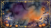 Halloween watercolor background with pumpkins, bats, bare trees, and golden frame on spooky night sky in purple and orange tones.