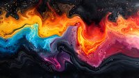 Abstract fluid art with vibrant swirls of orange, blue, red, and black paint creating dynamic marble effect against dark background, cosmic nebula-like pattern.