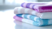 Stack of folded kitchen towels in purple and blue checkered pattern on white surface for home cleaning and cooking tasks.