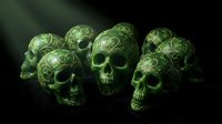 Glowing green ornate skulls with intricate patterns arranged in group on dark background, suitable for gothic, horror, Halloween, and dark fantasy design projects.