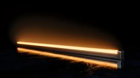 Warm glowing linear LED light fixture emitting soft golden illumination against dark background, suitable for modern interior design, architectural lighting, and contemporary home decor projects.