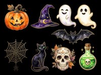 Halloween clipart set with pumpkin, witch hat, ghosts, bat, black cat, spider web, sugar skull, and potion bottle, isolated on transparent background for stickers, T-shirts, print on demand.