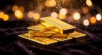 Stack of shiny gold bars on dark surface with sparkling bokeh lights and golden particles creating luxury wealth investment concept for financial designs.