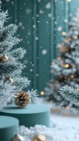 Snowy winter composition with frosted pine branches, golden pinecone on turquoise podium against blurred Christmas tree background with bokeh lights and falling snow.