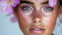 Young woman with glitter freckles, pink flowers and bright blue eyes wearing creative makeup. Close up beauty portrait with sparkly face art and natural lips.