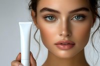 Young Mediterranean woman with flawless glowing skin and natural makeup holding white cosmetic tube against light background. Beauty and skincare concept.
