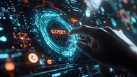 Futuristic finger touching glowing expert button on digital interface with HUD elements and geometric shapes in blue and orange technological background.