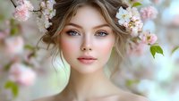 Young woman with natural makeup and soft features surrounded by delicate pink cherry blossoms and white spring flowers, ethereal spring portrait with dreamy bokeh background.