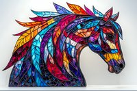 Colorful mosaic horse head with vibrant stained glass pattern featuring blue, red, orange, and yellow feather-like segments against light background. Artistic stallion design.