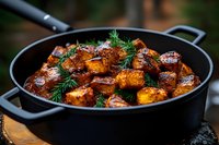 Roasted golden potatoes with fresh dill herbs in cast iron skillet pan, crispy seasoned vegetables ready for serving as delicious side dish or main course.