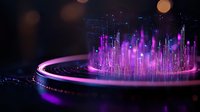 Glowing purple fiber optic city skyline emerging from circular platform with neon light effects against dark background, futuristic digital art concept.