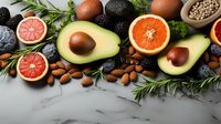 Fresh healthy food composition with avocado, citrus fruits, berries, nuts and herbs arranged on marble background, top view with copy space.