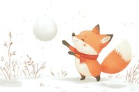 Cute orange fox wearing red scarf walking through snowy winter landscape with bare branches and falling snowflakes on white background.