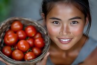 Young Asian woman with natural makeup and bright smile holding wicker basket filled with fresh red ripe tomatoes, healthy lifestyle and organic food concept.