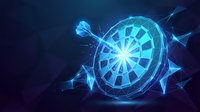 Glowing blue digital dartboard with electric energy effects and lightning bolts on dark background for gaming and sports technology concepts.